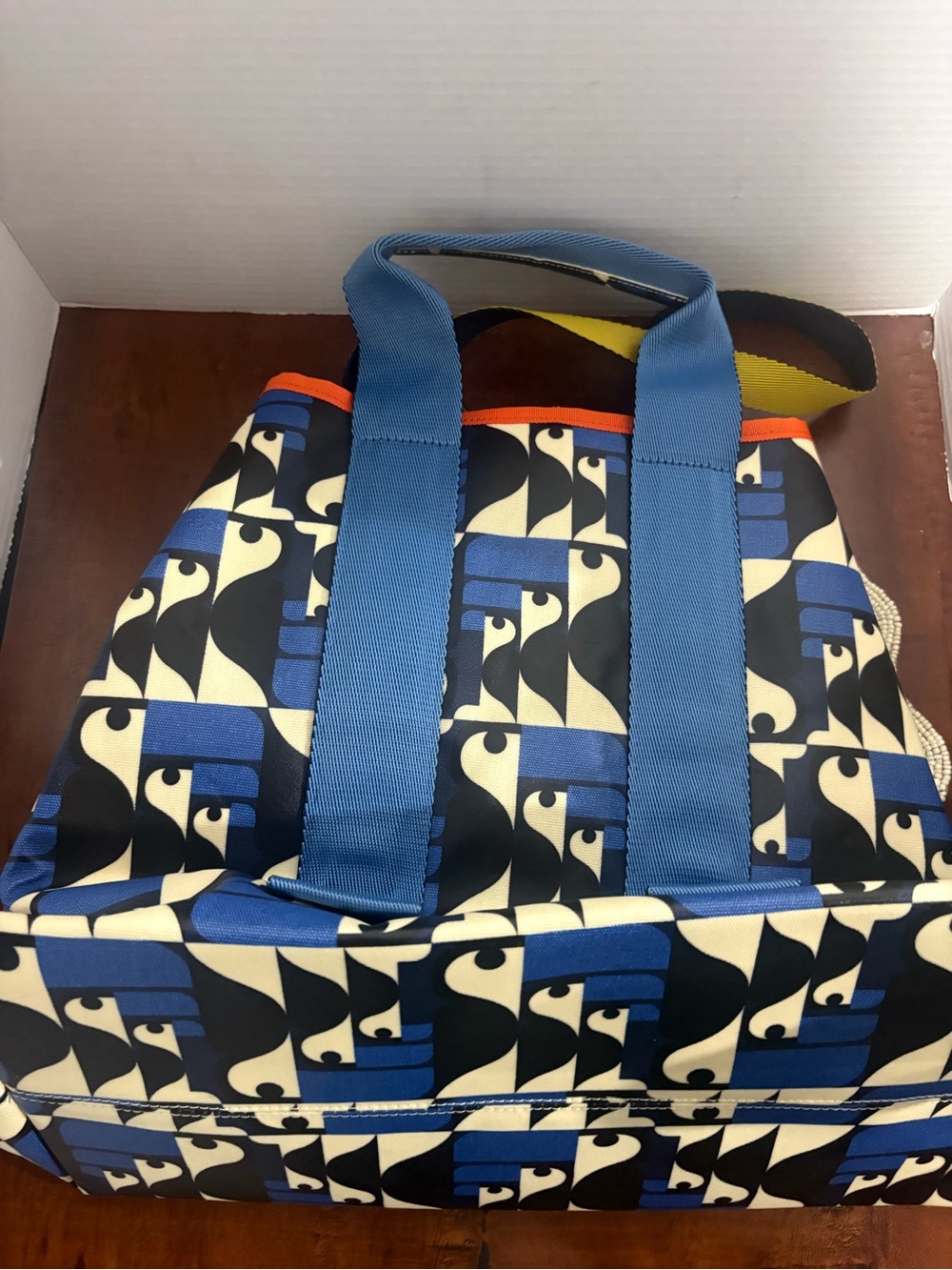 Orla Kiely Large Blue Geometric Canvas Tote with Orange Trim - Picture 5 of 5